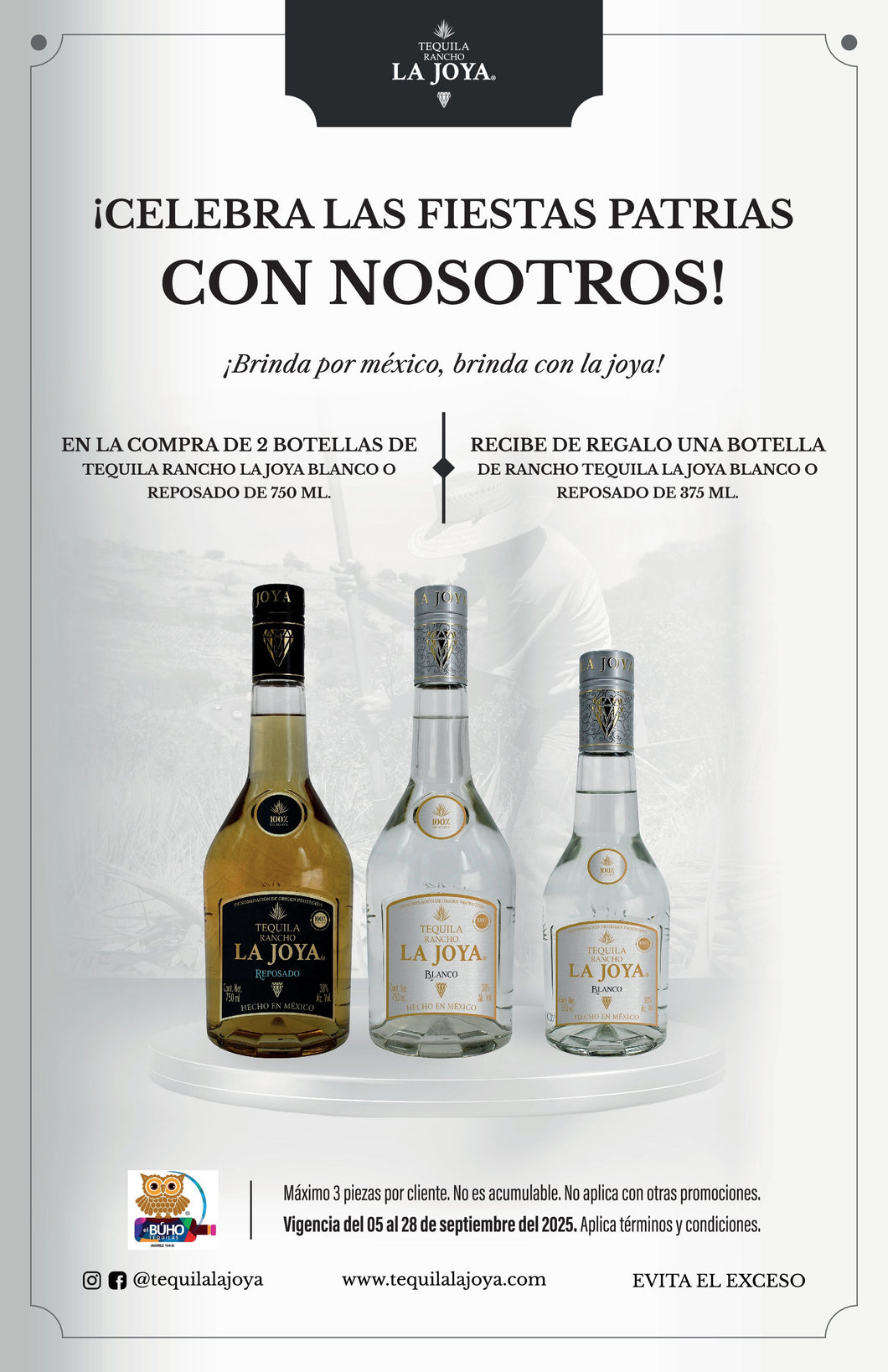 KIT Tequila Rancho La Joya Reposado + Blanco  100% Agave - 750ml 1 Blanco 375 ml Gratis